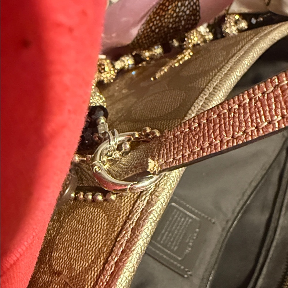 Coach Tan Signature Tote with Pink Scarf n bling chain - Picture 11 of 16